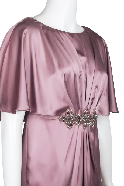 Adrianna Papell Boat Neck Short Sleeve Pleated Brooch Front Zipper Back Satin Dress (Petite) - ROSE - Pleated