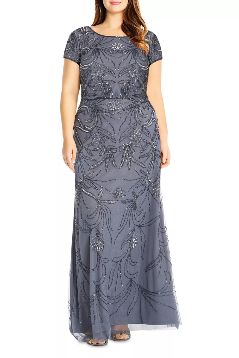 Plus Size Dresses Bateau Floor-Length Mesh Formal Sheath Gown with Beaded Embroidery and Cap Sleeves Dusty Blue