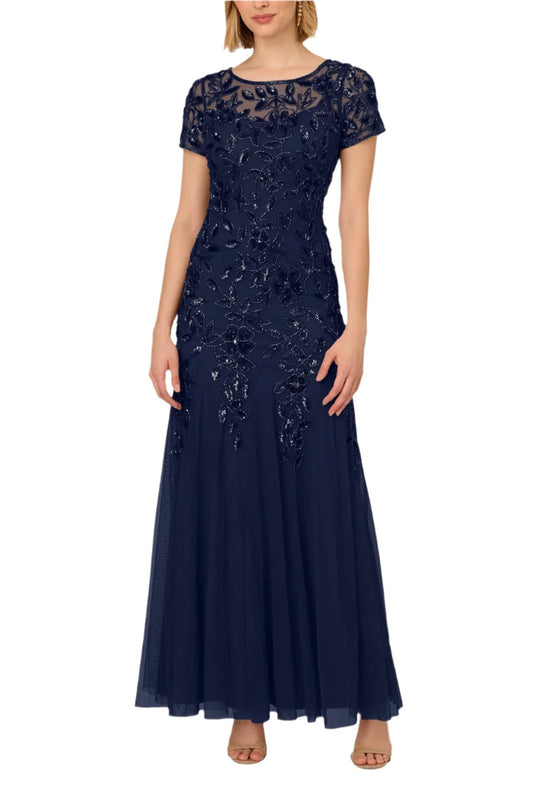 Adrianna Papell Boat Neck Short Sleeves Back Zipper Long Beaded Mesh Dress - LIGHT NAVY - Front View