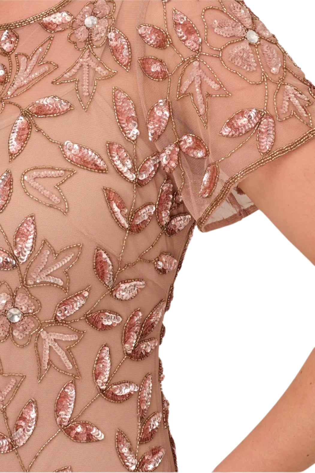 Adrianna Papell Boat Neck Short Sleeves Back Zipper Long Beaded Mesh Dress - Wholesale - ROSE GOLD - Sleeve