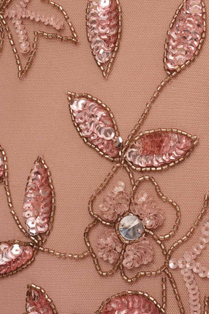 Adrianna Papell Boat Neck Short Sleeves Back Zipper Long Beaded Mesh Dress - Wholesale - ROSE GOLD - Fabric 