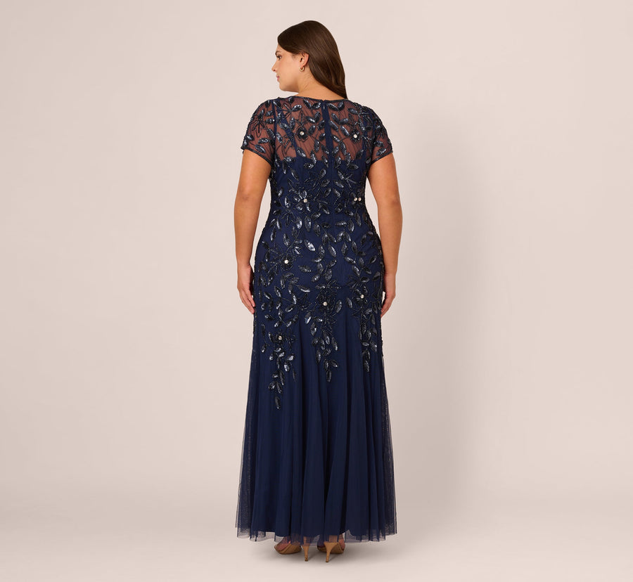 Light Navy Bateau Floor-Length Mesh Formal A-Line Gown Hand Beaded Embroidery Adrianna Papell AP1E208349