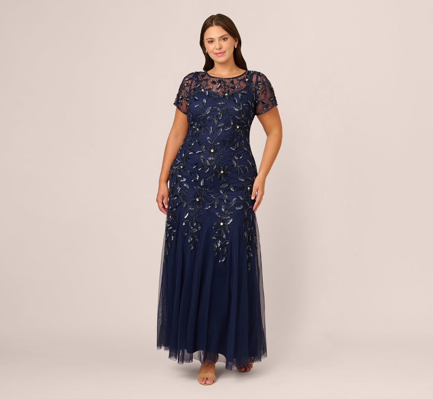 Light Navy Bateau Floor-Length Mesh Formal A-Line Gown Hand Beaded Embroidery Adrianna Papell AP1E208349