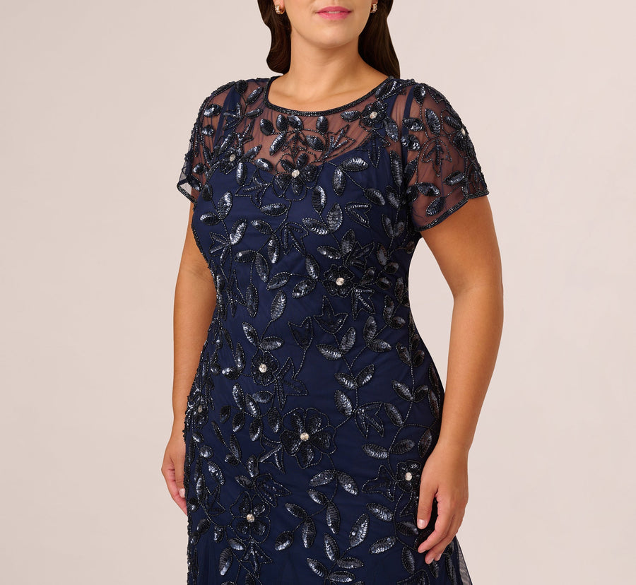 Light Navy Bateau Floor-Length Mesh Formal A-Line Gown Hand Beaded Embroidery Adrianna Papell AP1E208349