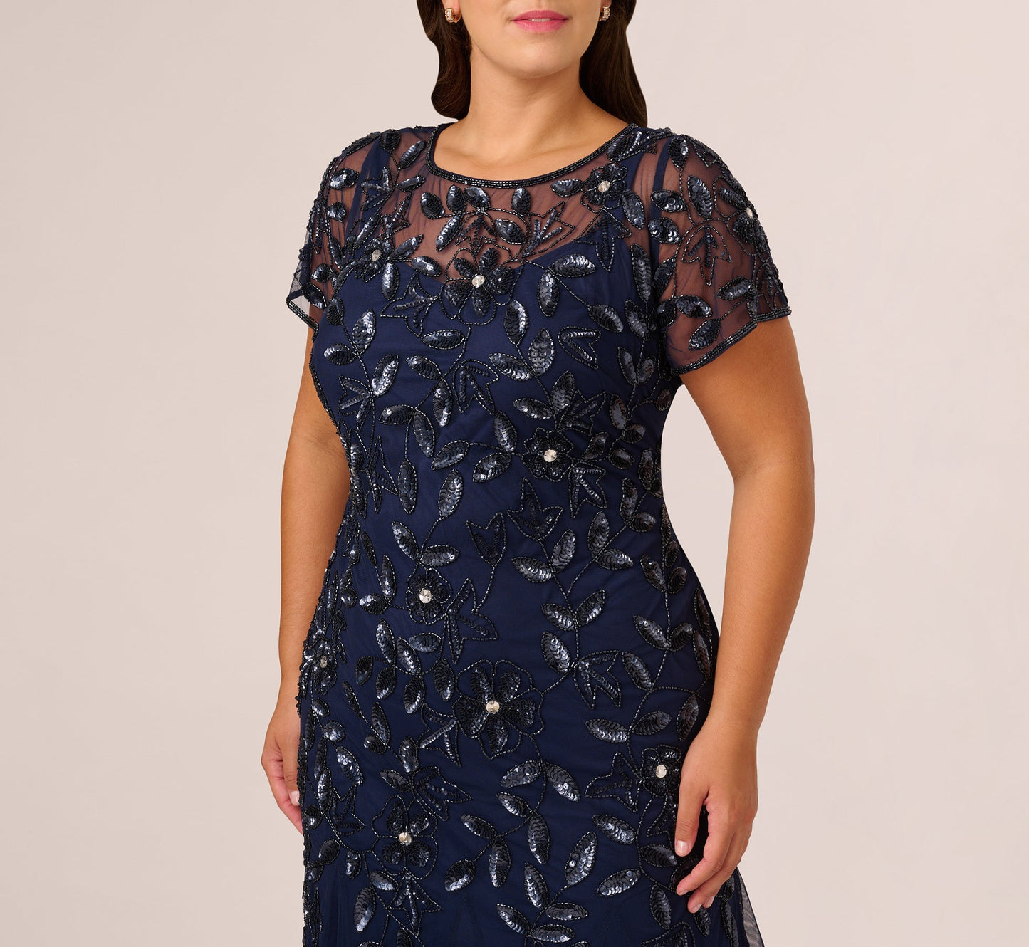 Light Navy Bateau Floor-Length Mesh Formal A-Line Gown Hand Beaded Embroidery Adrianna Papell AP1E208349