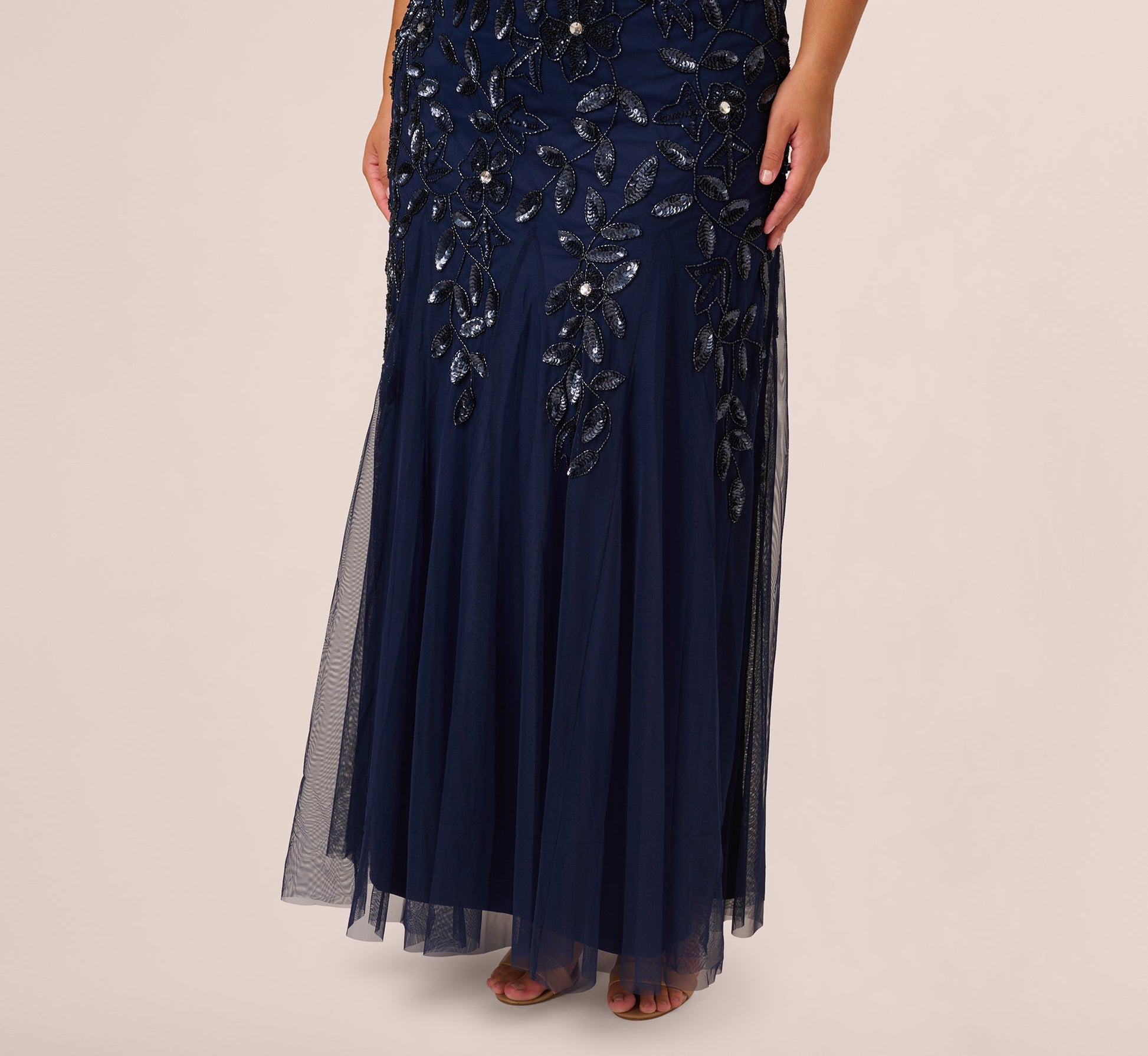 Light Navy Bateau Floor-Length Mesh Formal A-Line Gown Hand Beaded Embroidery Adrianna Papell AP1E208349