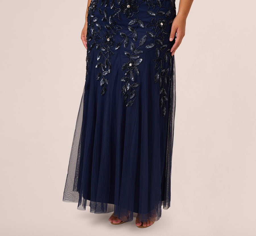 Light Navy Bateau Floor-Length Mesh Formal A-Line Gown Hand Beaded Embroidery Adrianna Papell AP1E208349