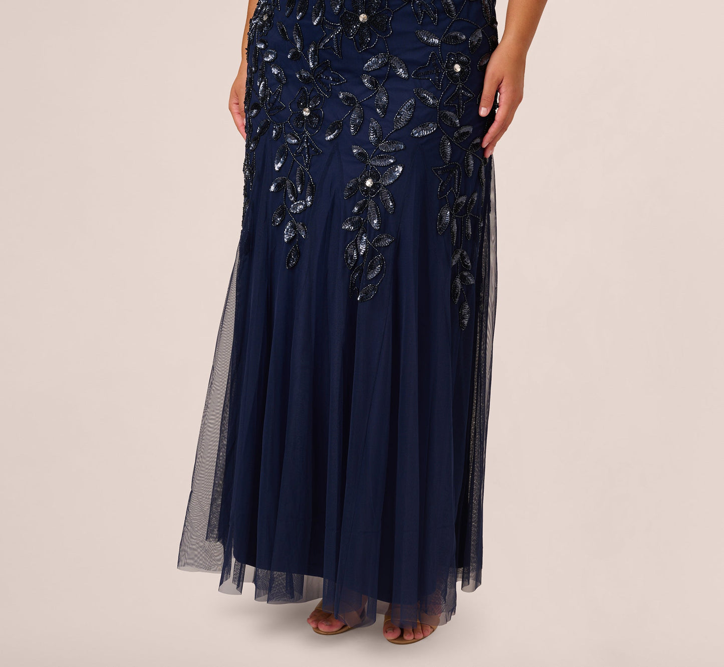Light Navy Bateau Floor-Length Mesh Formal A-Line Gown Hand Beaded Embroidery Adrianna Papell AP1E208349