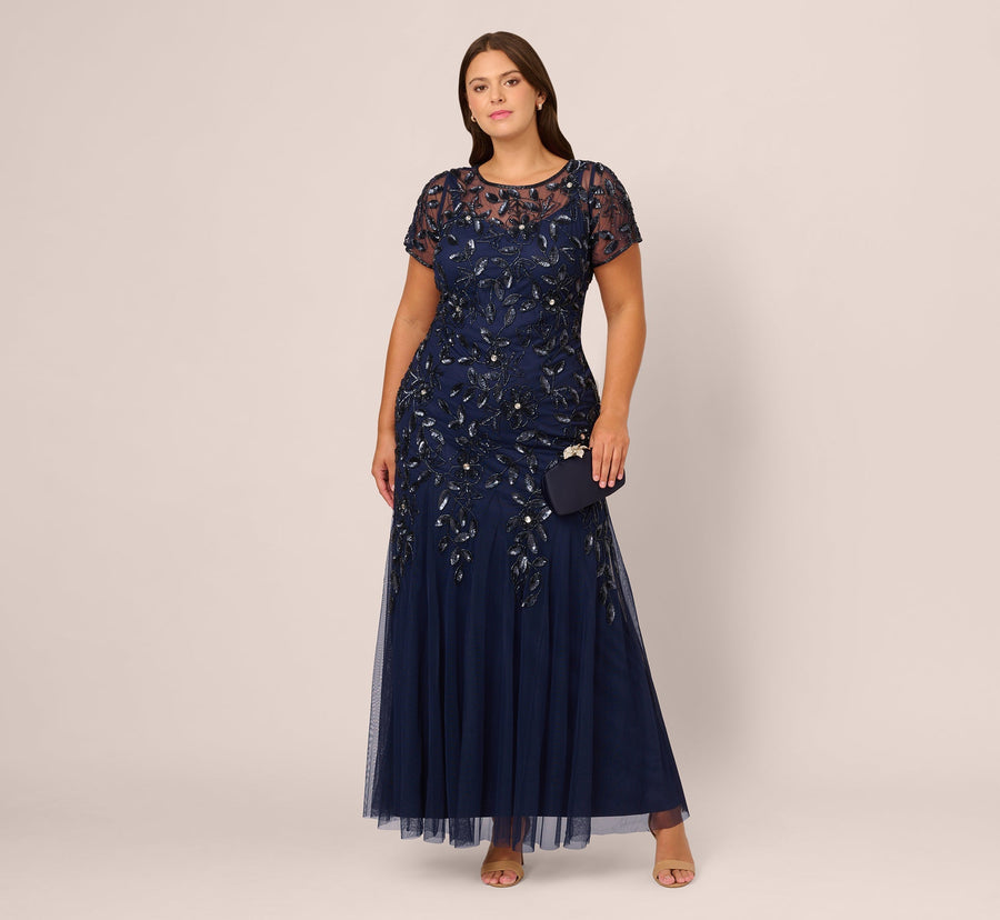Light Navy Bateau Floor-Length Mesh Formal A-Line Gown Hand Beaded Embroidery Adrianna Papell AP1E208349