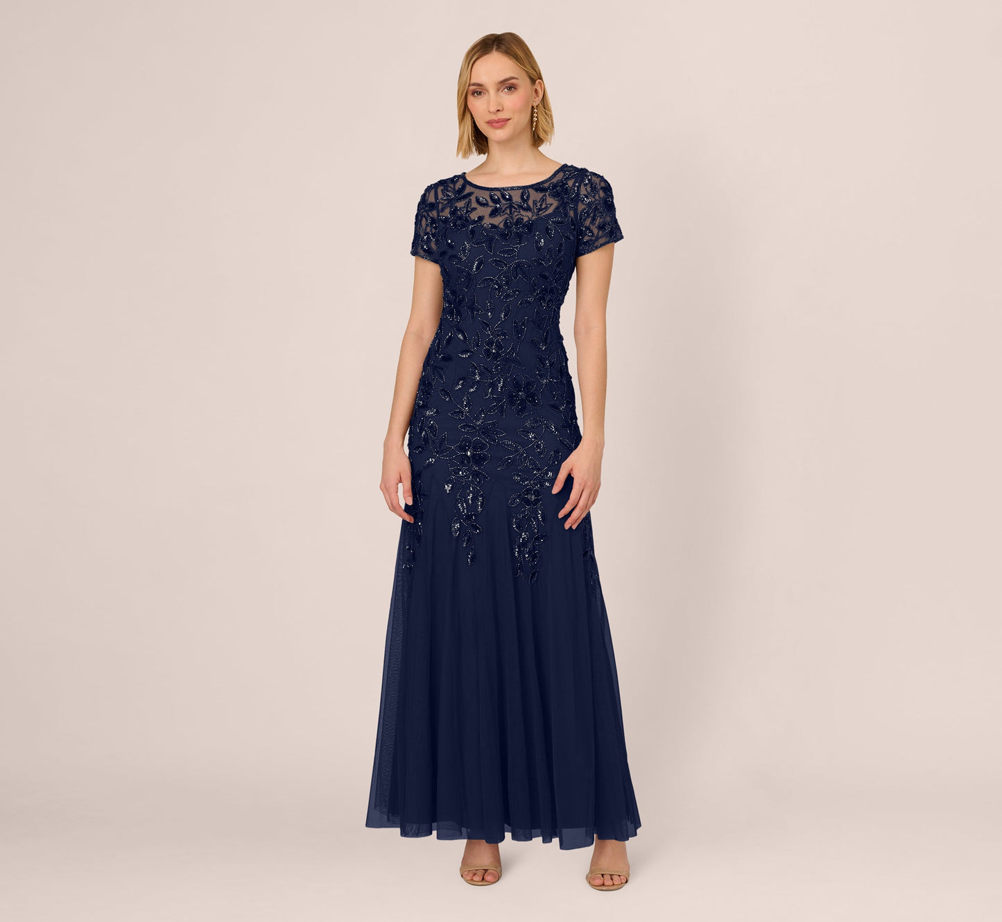 Plus Size Dresses llusion Jewel Neck Floor-Length Mesh Formal Beaded Floral Appliqué Dress Light Navy