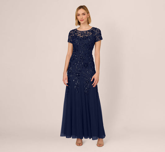 Plus Size Dresses llusion Jewel Neck Floor-Length Mesh Formal Beaded Floral Appliqué Dress Light Navy