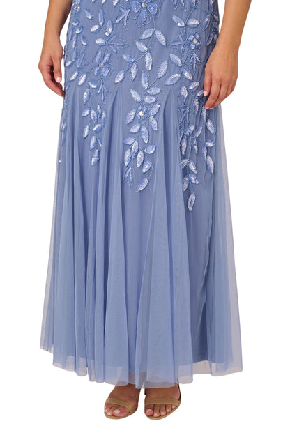 Adrianna Papell Boat Neck Short Sleeves Back Zipper Long Beaded Mesh Dress (Plus Size) - Wholesale - FRENCH BLUE - Bottom view