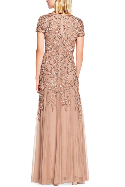 Adrianna Papell Boat Neck Short Sleeves Back Zipper Long Beaded Mesh Dress - Wholesale - ROSE GOLD - Back 