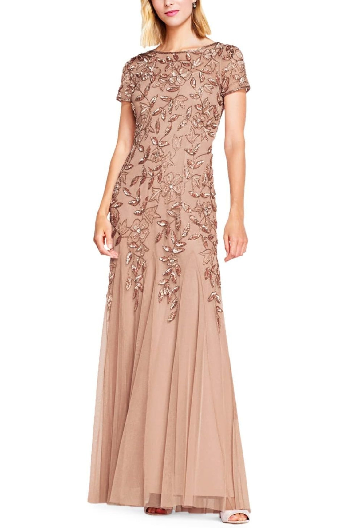 Adrianna Papell Boat Neck Short Sleeves Back Zipper Long Beaded Mesh Dress - Wholesale - ROSE GOLD - Front 