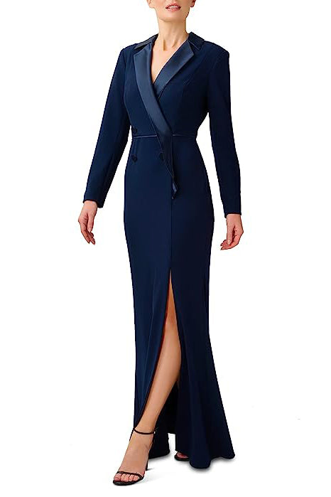 Adrianna Papell Notched Collar Long Sleeve Slit Front Zipper Back Stretch Crepe Dress - Wholesale_MIDNIGHT - front full view