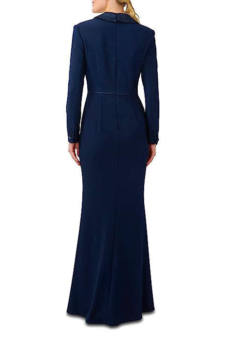 Adrianna Papell Notched Collar Long Sleeve Slit Front Zipper Back Stretch Crepe Dress - Wholesale_MIDNIGHT_back