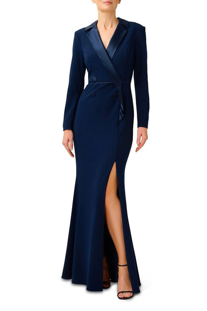 Adrianna Papell Notched Collar Long Sleeve Slit Front Zipper Back Stretch Crepe Dress - Wholesale - MIDNIGHT - front