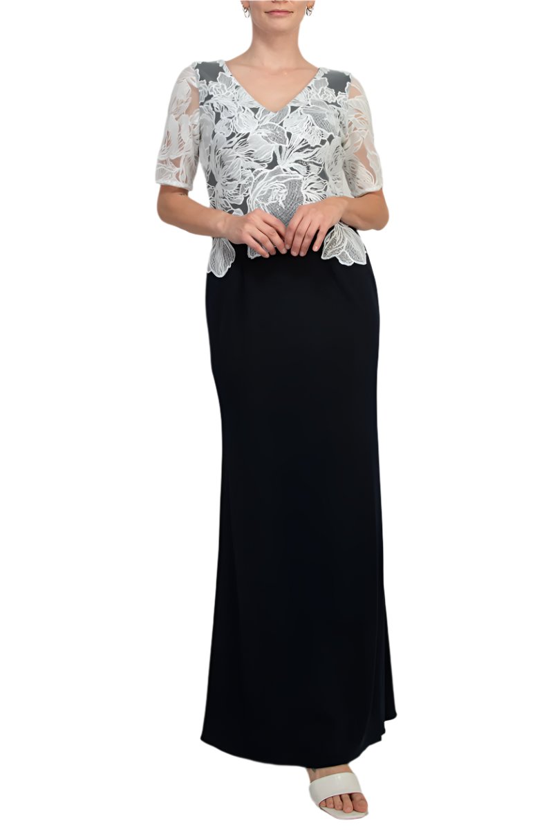 Adrianna Papell V-Neck Sort Sleeve Embroidered Bodice Zipper Back Column Stretch Crepe Gown