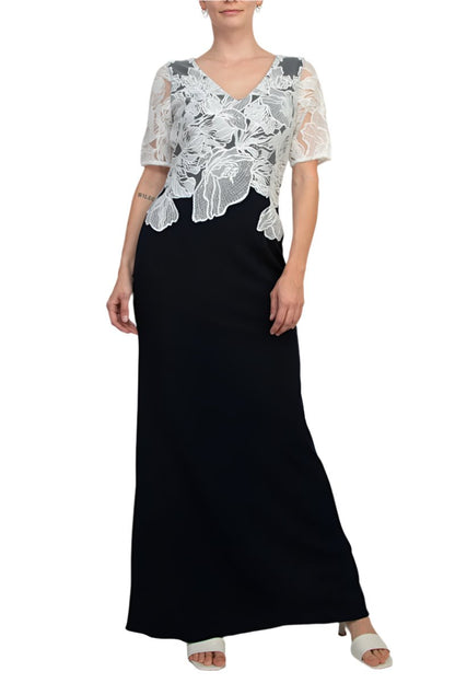 Adrianna Papell V-Neck Sort Sleeve Embroidered Bodice Zipper Back Column Stretch Crepe Gown