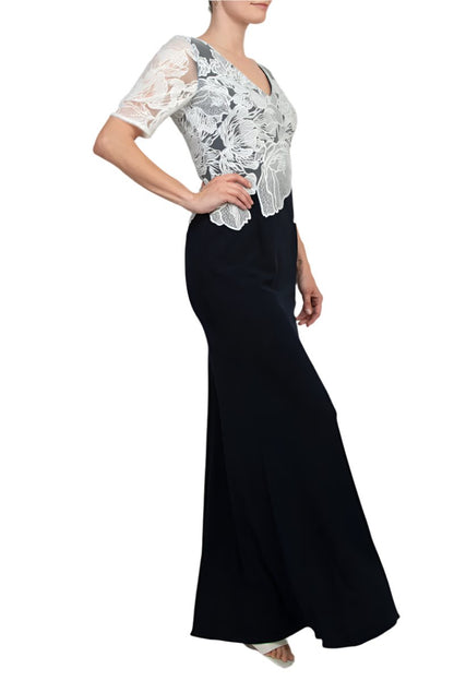 Adrianna Papell V-Neck Sort Sleeve Embroidered Bodice Zipper Back Column Stretch Crepe Gown