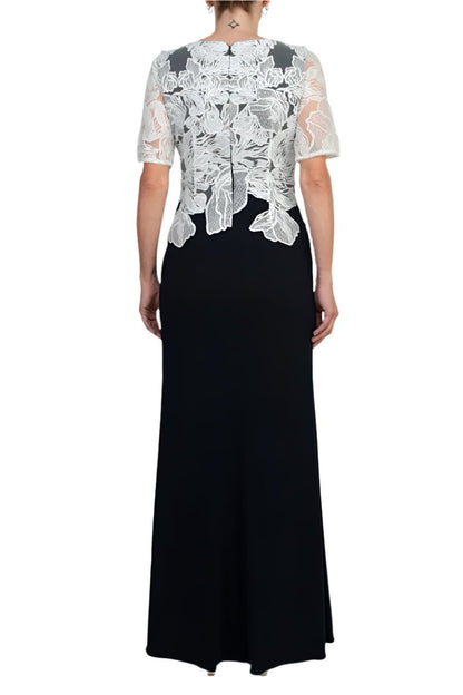 Adrianna Papell V-Neck Sort Sleeve Embroidered Bodice Zipper Back Column Stretch Crepe Gown