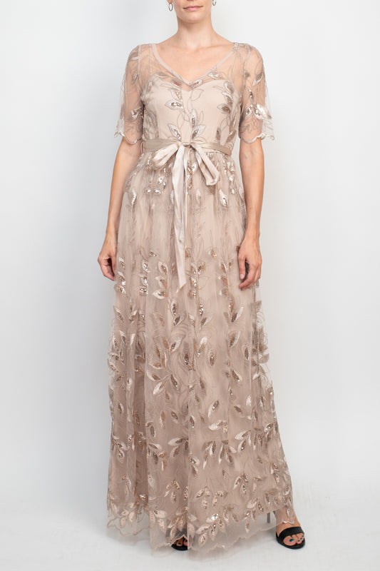 Adrianna Papell V-Neck Short Sleeve Embroidered & Embellished Sequin Tie Waist Zipper Back Long Mesh Gown