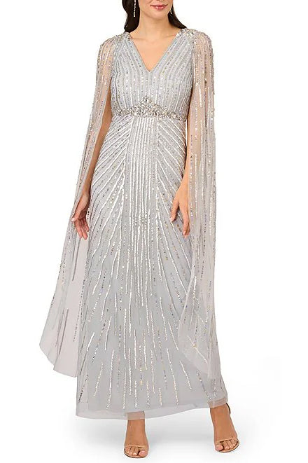 Adrianna Papell V-neck cape sleeve zipper closure sequined gown - GLACIER- FRONT