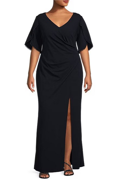 Adrianna Papell V-Neck Embellished Sleeve Slit Front Zipper Back Crepe Dress ( Plus Size ) - Wholesale - MIDNIGHT - Front