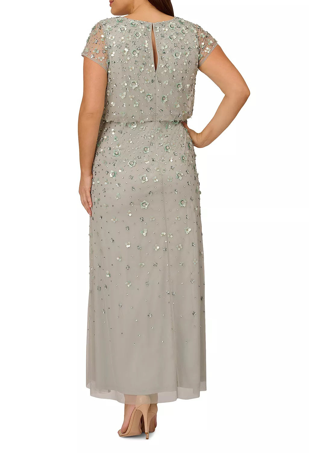  Adrianna Papell Boat Neck Cap Sleeve Blouson 3D Embellished Mesh Dress (Plus Size) - Wholesale - FROSTED SAGE - Back 