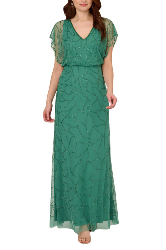 Adrianna Papell V-Neck Beaded Blouson Mermaid Gown with Short Sleeves (Plus Size) - JUNGLE GREEN- Front