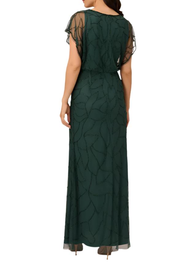 Adrianna Papell V-neck dolman sleeve blouson zipper closure beaded mesh gown - DUSTY EMERALD - Back