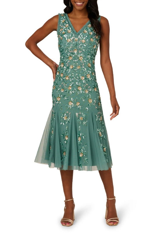 Robe de cocktail mi-longue sirène à volants et perles Adrianna Papell