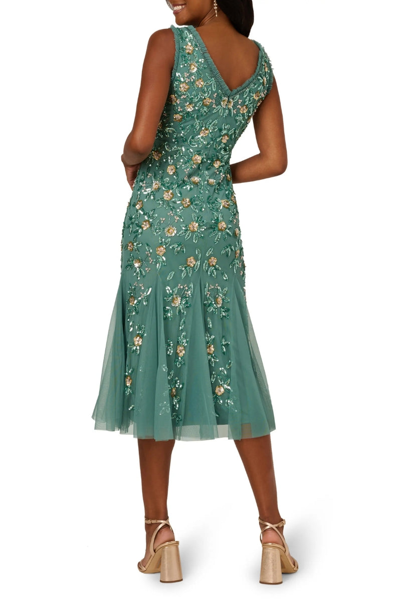 Adrianna Papell Ruffle Beaded Midi Mermaid Cocktail Dress