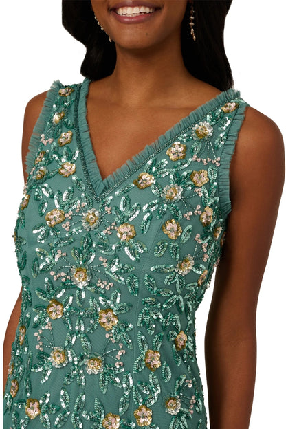 Adrianna Papell Ruffle Beaded Midi Mermaid Cocktail Dress