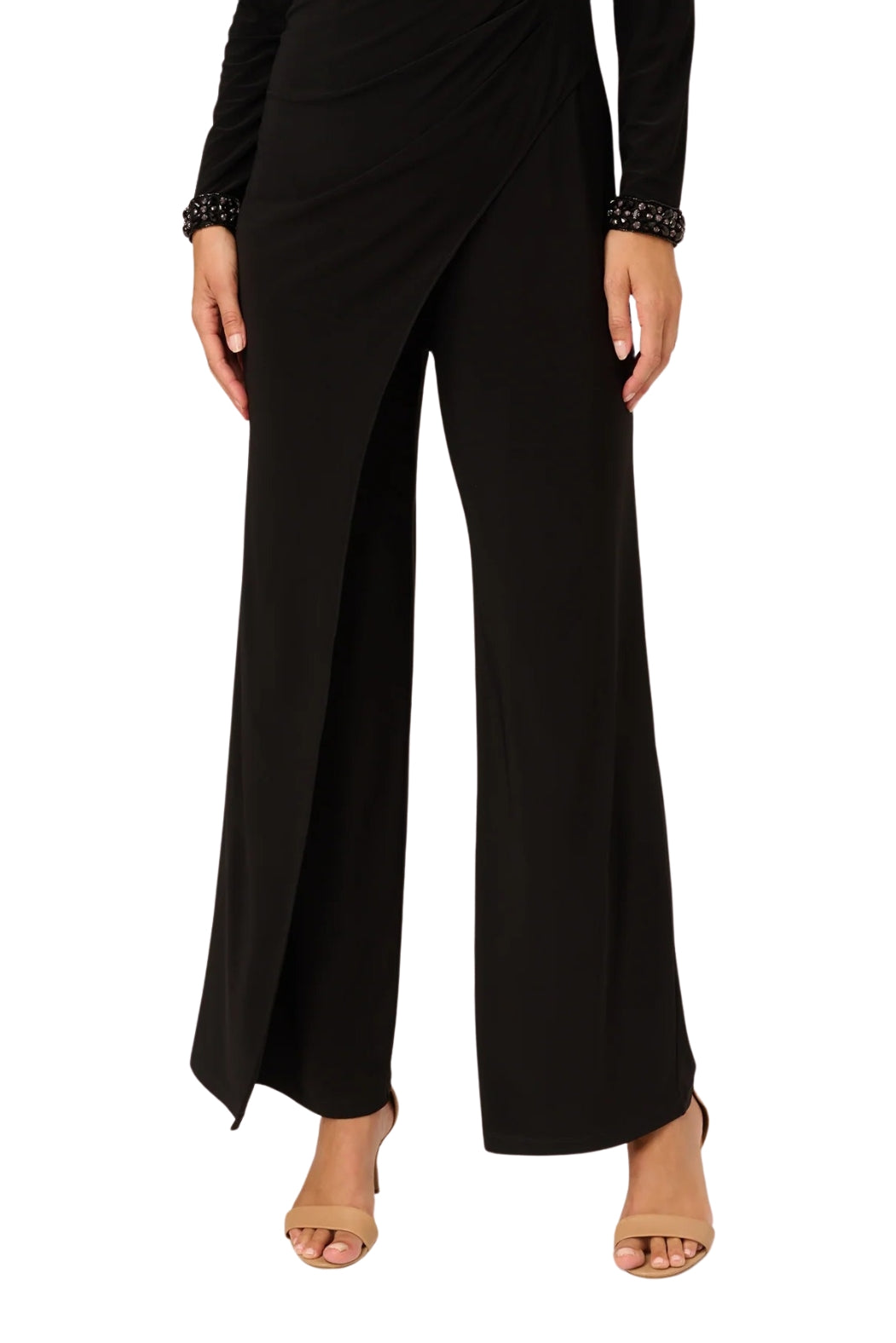 Adrianna Papell Jersey Asymmetric Neck Jumpsuit -BLACK - PANT FRONT VIEW