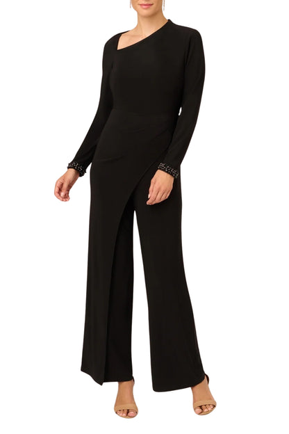 Adrianna Papell Jersey Asymmetric Neck Jumpsuit -BLACK - FRONT