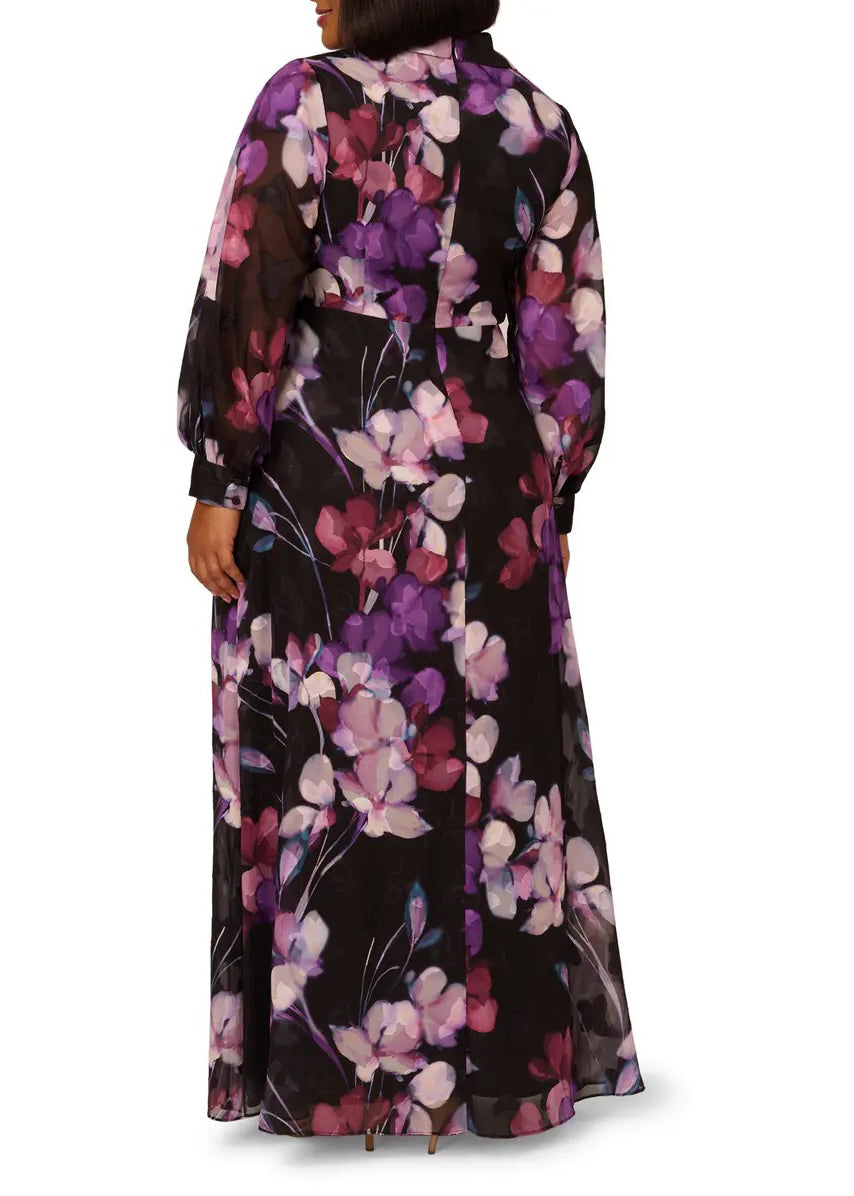 Adrianna Papell Collared V-neck Long Sleeve Zipper Closure Floral Print Georgette Gown - BLACK MULTI - Back