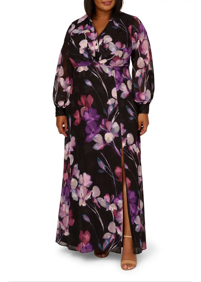 Adrianna Papell Collared V-neck Long Sleeve Zipper Closure Floral Print Georgette Gown - BLACK MULTI - Front