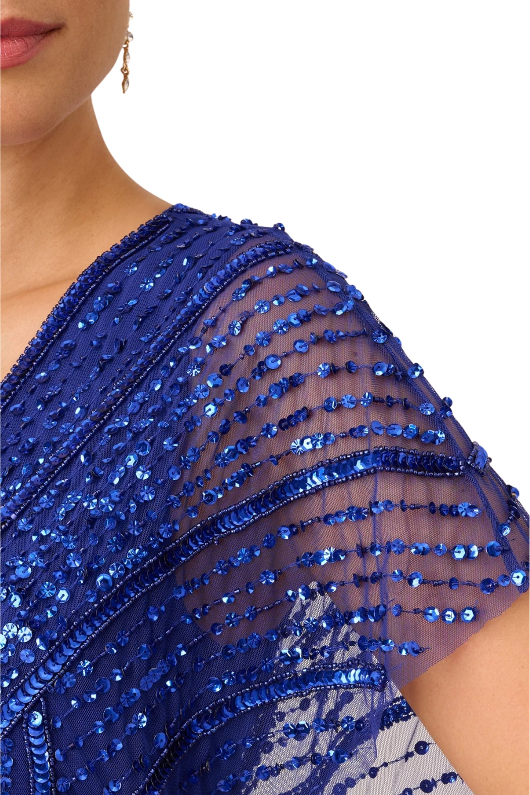 Adrianna Papell Bead Embellished Surplice V-Neckline Short Sheer Dolman Flutter Sleeves Column Maxi Gown Dress