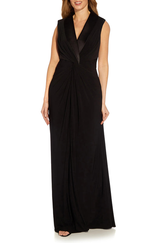 Adrianna Papell Tuxedo Matte Jersey Gown - BLACK - FRONT 