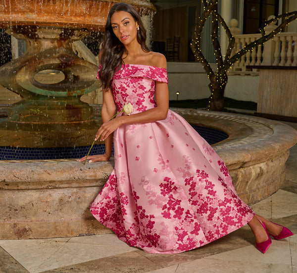 Floral Jacquard Ankle Dress with Off-Shoulder Neckline Adrianna Papell AP1E211223