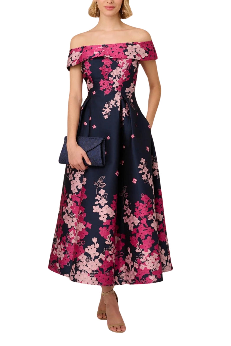 Adrianna Papell Floral Jacquard With Off The Shoulder Neckline Dress - Wholesale _NAVY PINK MULTI