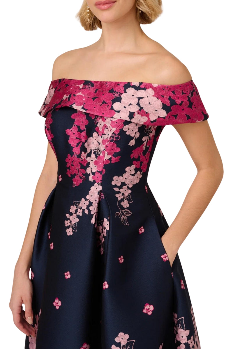 Adrianna Papell Floral Jacquard With Off The Shoulder Neckline Dress - Wholesale _NAVY PINK MULTI