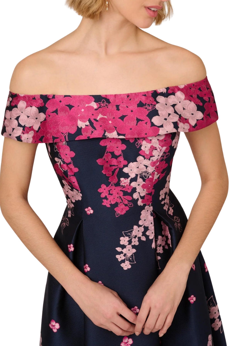 Adrianna Papell Floral Jacquard With Off The Shoulder Neckline Dress - Wholesale _NAVY PINK MULTI