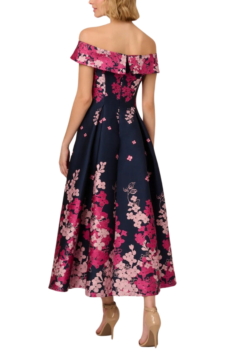 Adrianna Papell Floral Jacquard With Off The Shoulder Neckline Dress - Wholesale _NAVY PINK MULTI_back