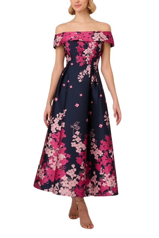 Adrianna Papell Floral Jacquard With Off The Shoulder Neckline Dress - Wholesale _NAVY PINK MULTI_front