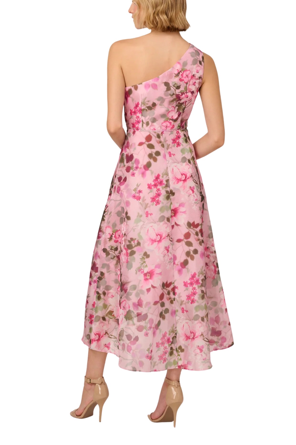 Adrianna Papell Floral Organza One Shoulder Sleeveless Hi-Lo Ruffle Hem Midi Dress - PINK MULTI - back