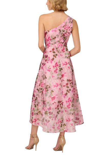 Adrianna Papell Floral Organza One Shoulder Sleeveless Hi-Lo Ruffle Hem Midi Dress - PINK MULTI - back