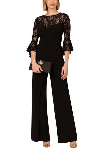 Adrianna Papell Jersey Lace Crew Neck Elbow Sleeve Ruffle Cuff Straight Leg Jumpsuit - Wholesale_BLACK