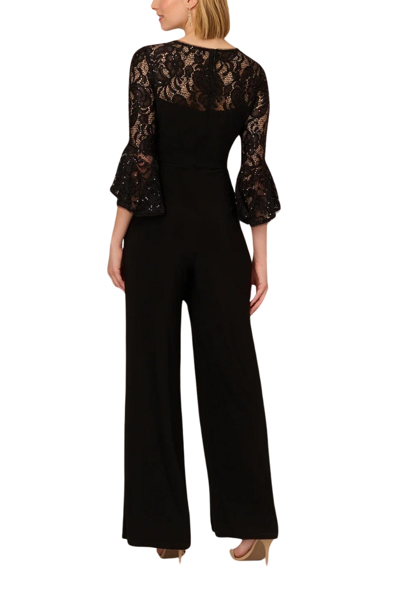 Adrianna Papell Jersey Lace Crew Neck Elbow Sleeve Ruffle Cuff Straight Leg Jumpsuit - Wholesale_BLACK_BLACK_back